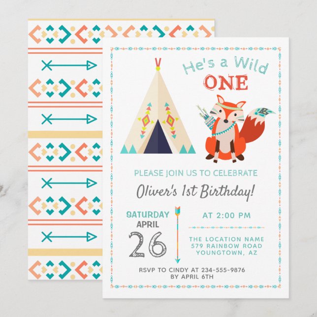 Woodland Wild One Fox Boho Teepee Boy1st Birthday Invitation (Front/Back)