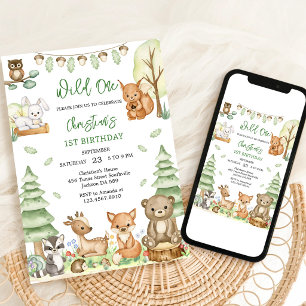 Woodland Wild One Safari Jungle Animals Birthday Invitation