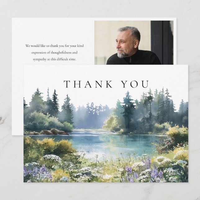 Woodland Wildflowers Floral Lake Funeral Photo Thank You Card (Front/Back)