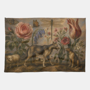 Woodland Wildlife and Botanical Oil Painting Tea Towel