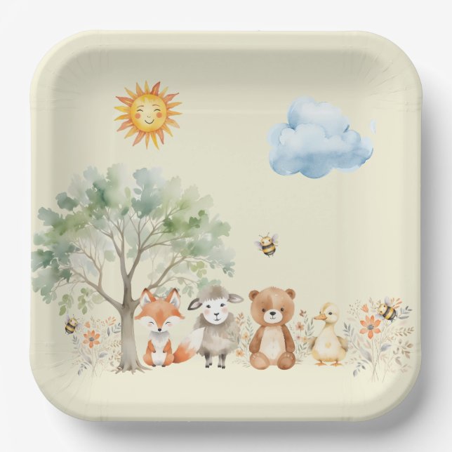 Woodland Wildlife Baby Shower Pale Peach Paper Plate (Front)
