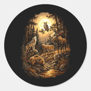 Woodland Wildlife Bear Wolf Moose Deer Owl Forest Classic Round Sticker