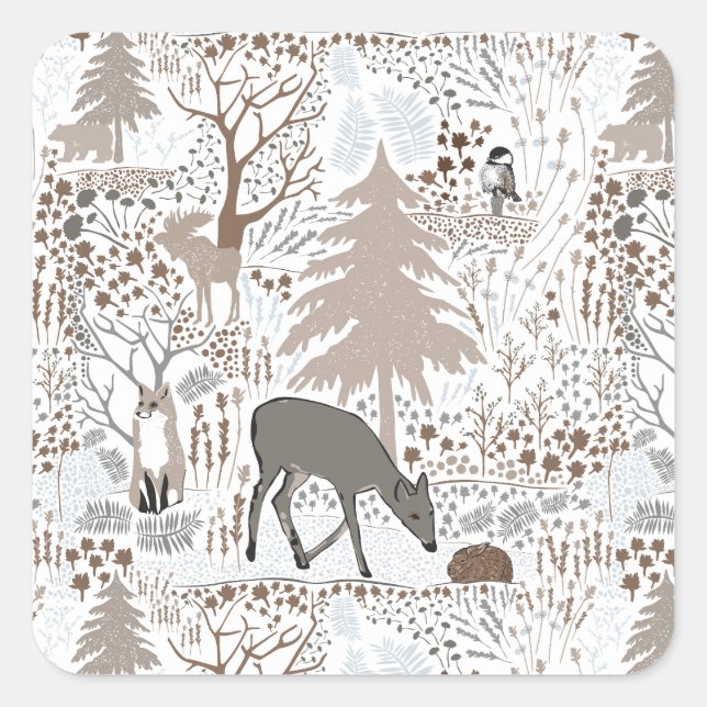 Woodland Wildlife Deer Fox Moose Square Sticker (Front)