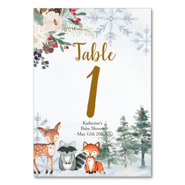 Woodland Winter Animal Forest Baby Shower Table Number (Front)