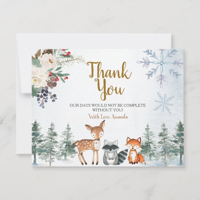 Woodland Winter Animal Forest Baby Shower Thank You Card (Front)