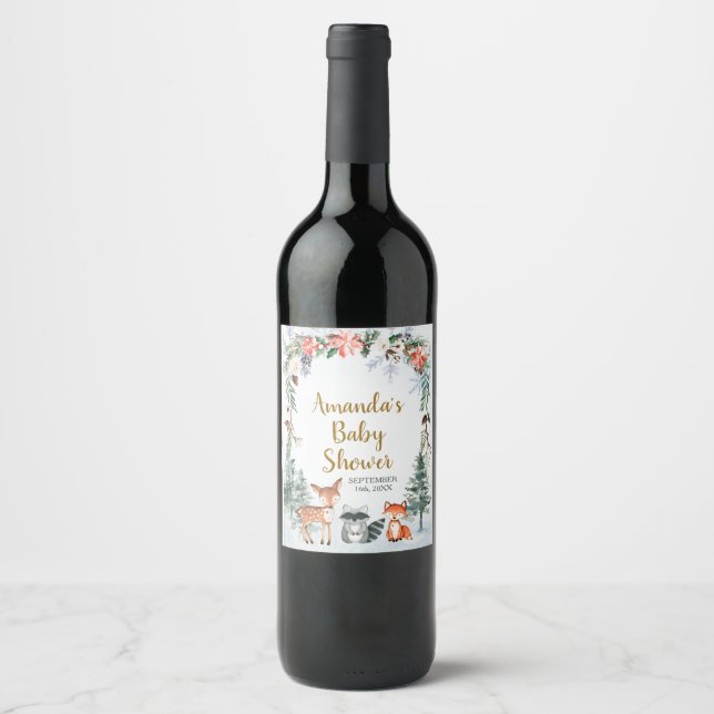 Woodland Winter Animal Forest Bridal Shower Wine Label (Front)