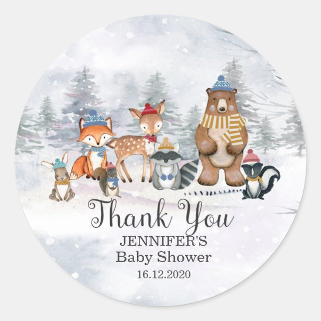Woodland Winter Animals  Baby Shower 1st Birthday  Classic Round Sticker (Front)
