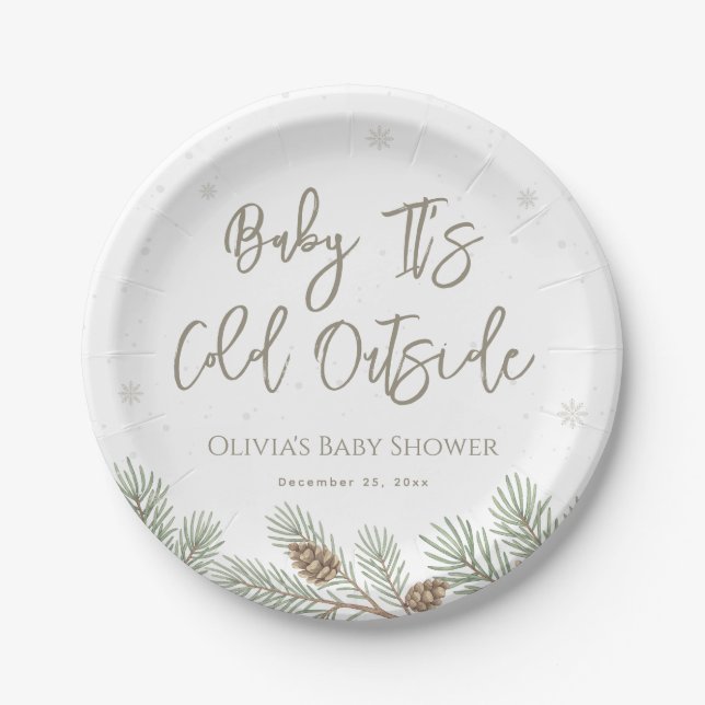 Woodland Winter Baby It's Cold Outside Baby Shower Paper Plate (Front)