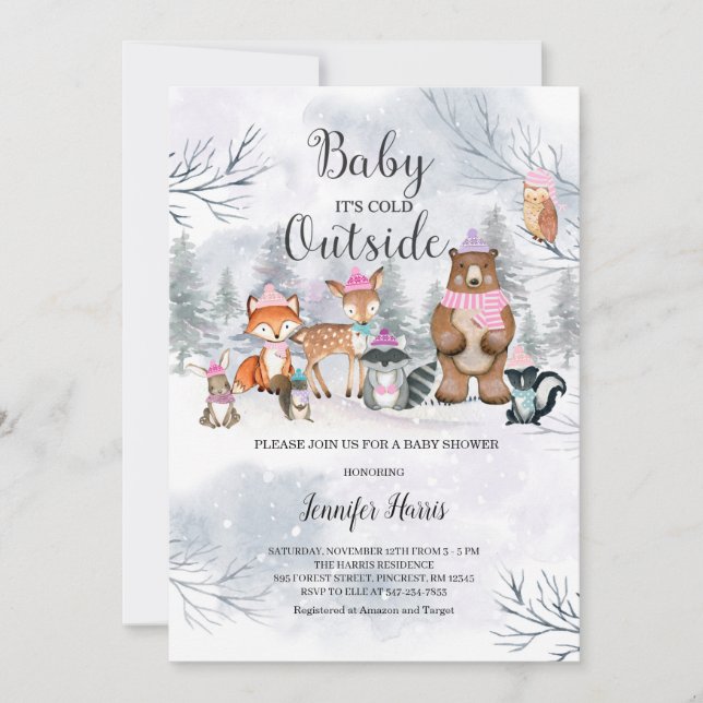 Woodland Winter Baby Shower Girl Invitation Forest (Front)