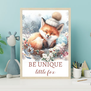 Woodland winter cute fox Newborn girl room art Poster