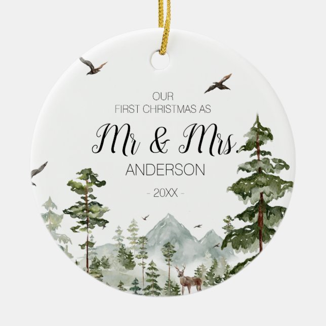 Woodland Winter Forest as Mr and Mrs Ceramic Tree Decoration (Front)