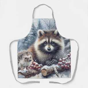 Woodland Winter Hedgehog Raccoon Christmas Apron