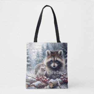 Woodland Winter Hedgehog Raccoon Christmas Tote Bag