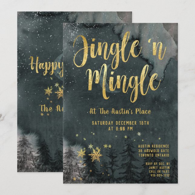 Woodland Winter Jingle Mingle Gold Holiday Party Invitation (Front/Back)