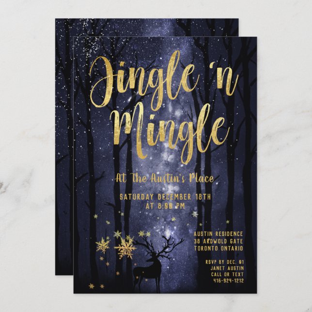 Woodland Winter Jingle Mingle Gold Holiday Party Invitation (Front/Back)