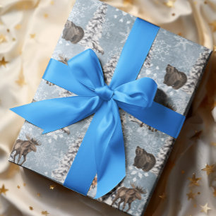 Woodland Winter Moose Christmas Tree Snowflake Wrapping Paper