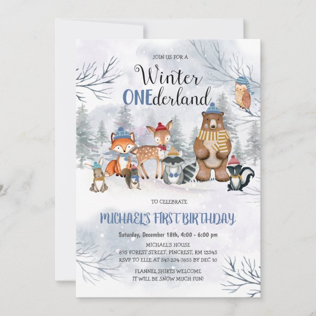 Woodland Winter ONEderland Birthday Invitation (Front)