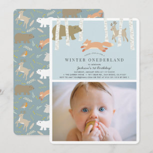 Woodland Winter Onederland Blue Photo 1st Birthday Invitation