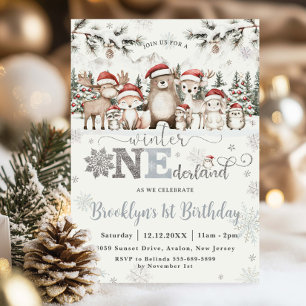 Woodland Winter ONEderland Christmas 1st Birthday Invitation