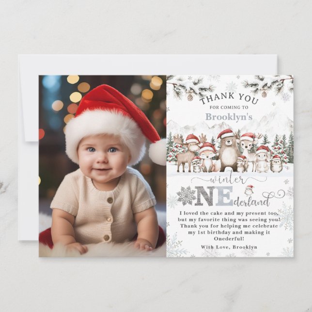 Woodland Winter ONEderland Christmas 1st Birthday  Thank You Card (Front)