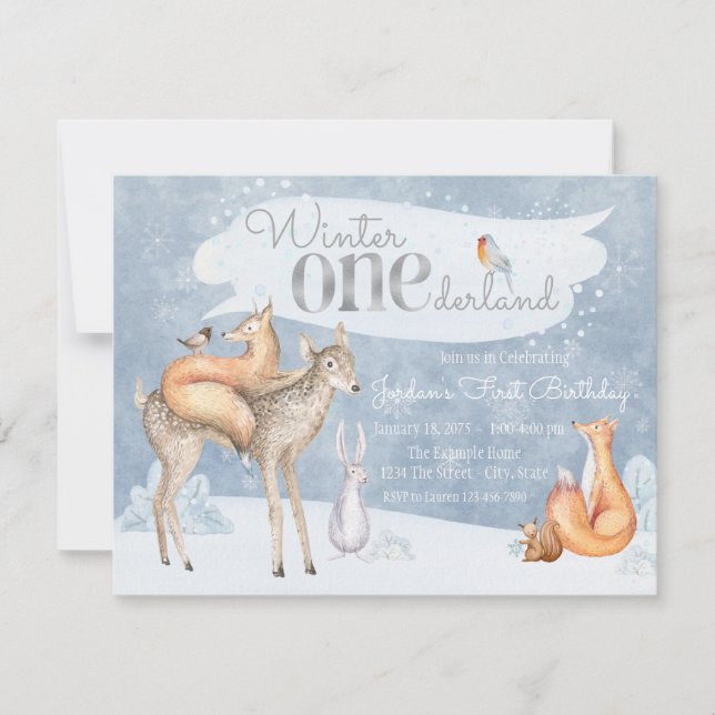 Woodland Winter ONEderland First Birthday Party Invitation (Front)