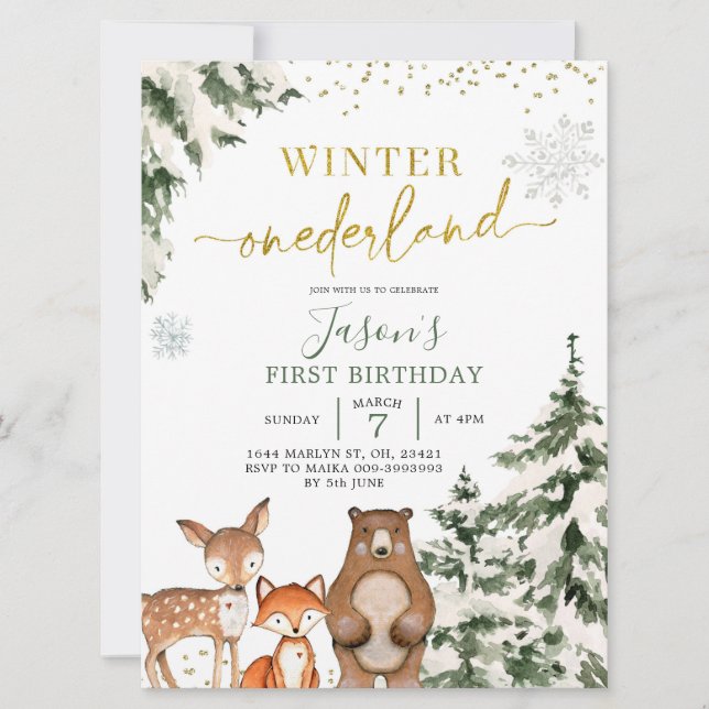 Woodland Winter Onederland Forest First Birthday I Invitation (Front)