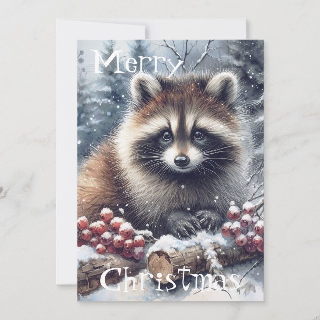 Woodland Winter Racoon Christmas Watercolor Holiday Card (Front)