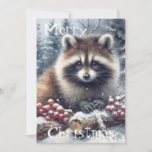 Woodland Winter Racoon Christmas Watercolor Holiday Card