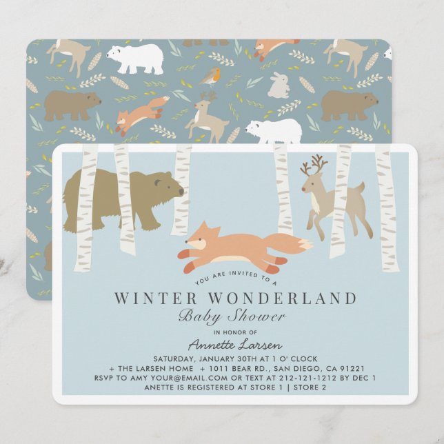 Woodland Winter Wonderland Blue Baby Shower Invitation (Front/Back)