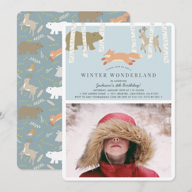 Woodland Winter Wonderland Blue Photo Birthday Invitation (Front/Back)