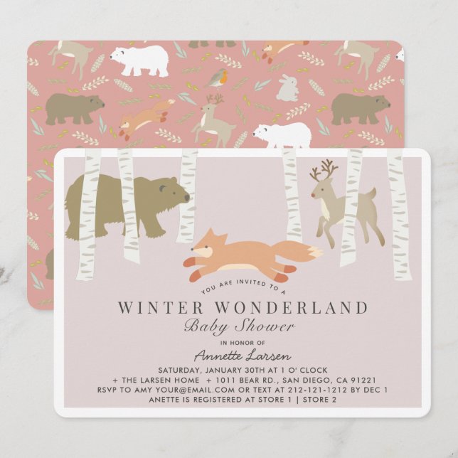 Woodland Winter Wonderland Pink Baby Shower Invitation (Front/Back)