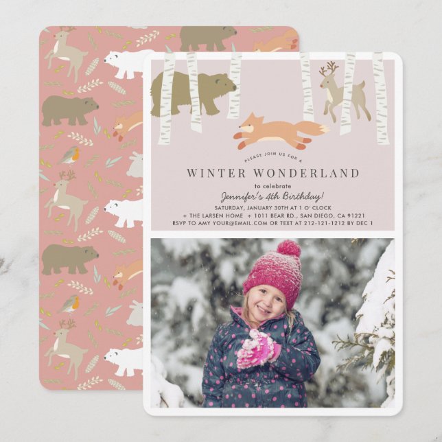 Woodland Winter Wonderland Pink Photo Birthday Invitation (Front/Back)