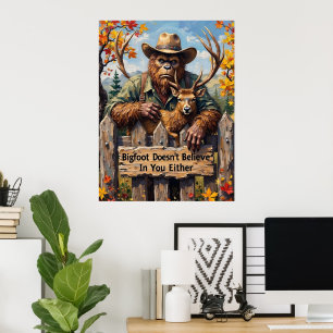Woodland Wisdom: Bigfoot, Elk, and the Fence  Poster