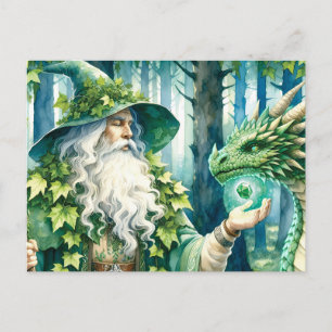 Woodland Wizard with Glowing Green Dragon Postcard