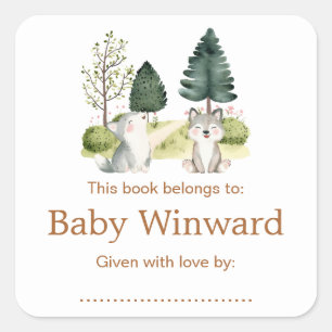 Woodland Wolf Baby Shower Bookplate Square Sticker