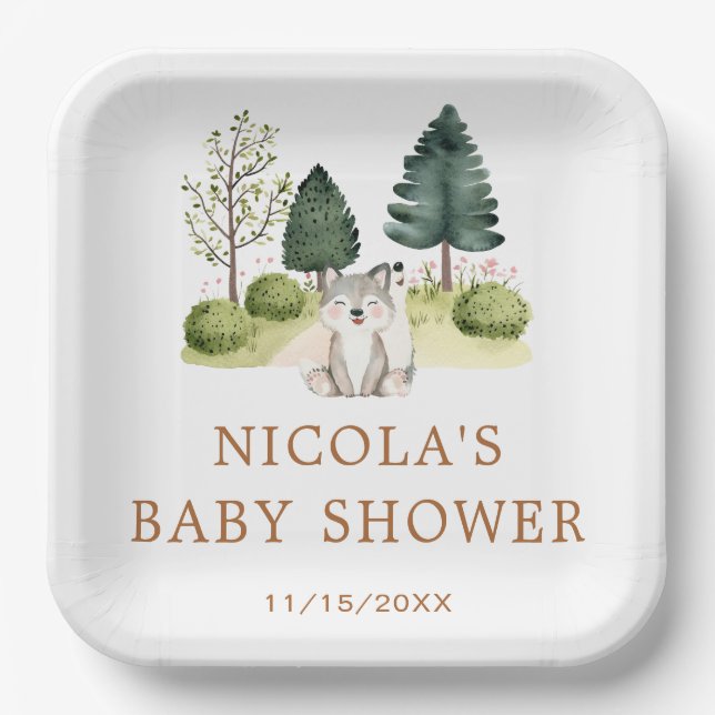 Woodland Wolf Baby Shower Paper Plate (Front)