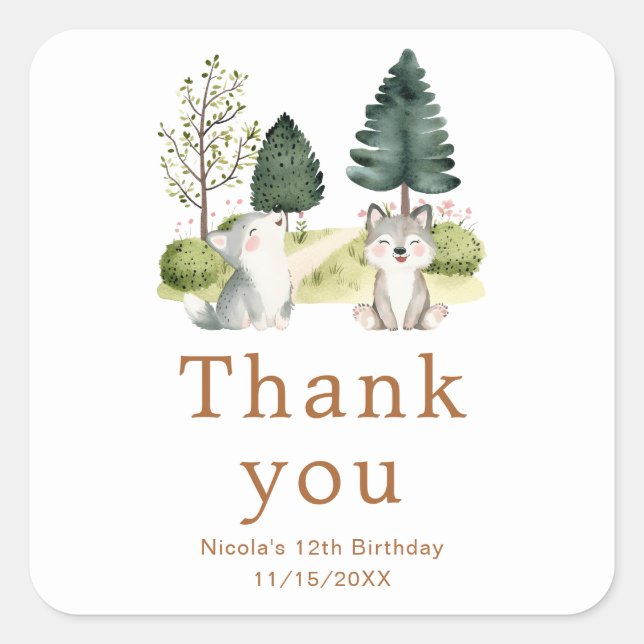Woodland Wolf Birthday Party Square Sticker (Front)
