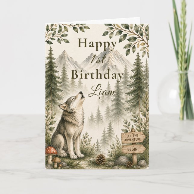Woodland Wolf First Birthday Card (Front)