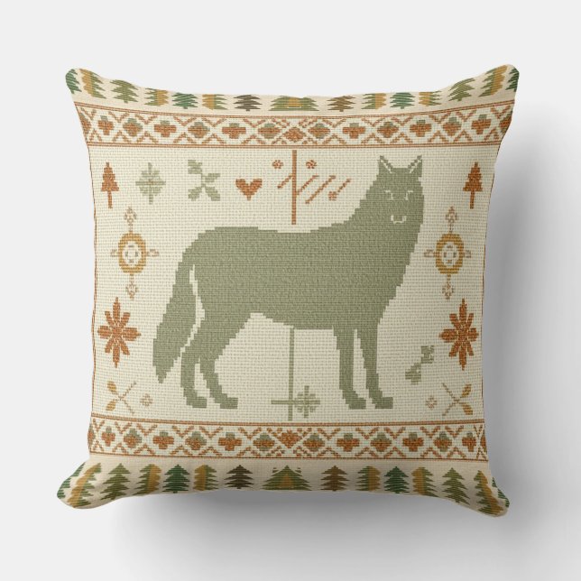 Woodland Wolf Folk Cushion (Front)
