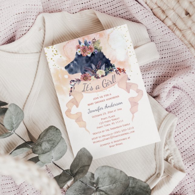 Woodland Wolf Watercolor Floral Baby Girl Shower Invitation (Creator Uploaded)