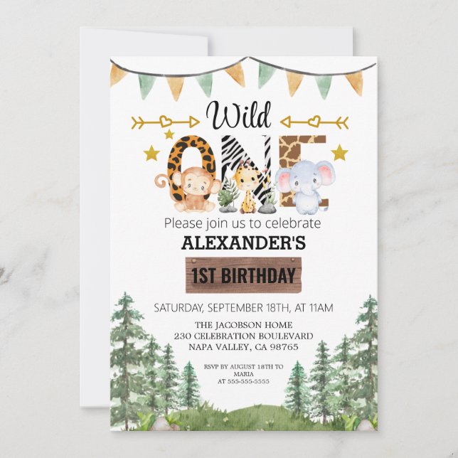 Woodland Wonder Jungle Safari 1st Birthday   Invitation (Front)