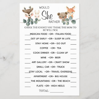 Woodland Would She Rather baby shower game card