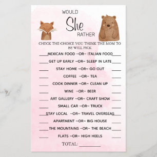 Woodland Would She Rather baby shower game card