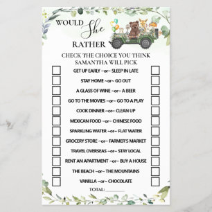 Woodland Would She Rather Baby Shower Game Card