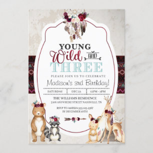 Woodland Young Wild and Three Birthday Invitation