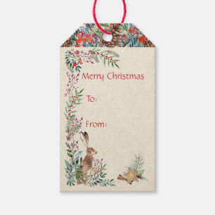 Woodlands Bunny Red Vintage Floral Watercolor Gift Tags