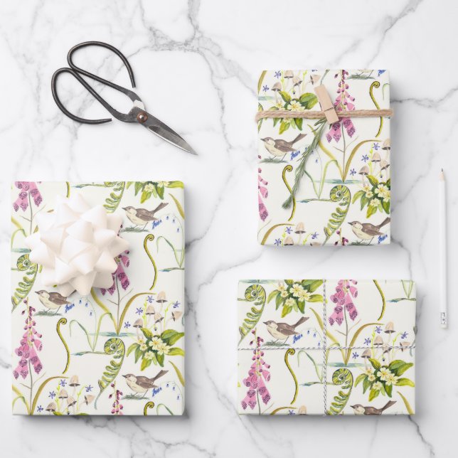 Woodlands Floral &  Bird Watercolor Wrapping Paper (Front)