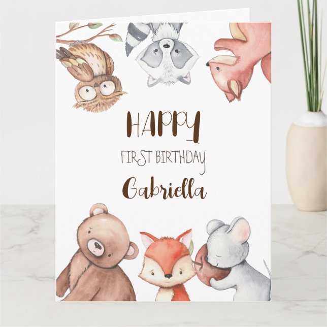 Woodlands forest animals birthday personalised card (Front)
