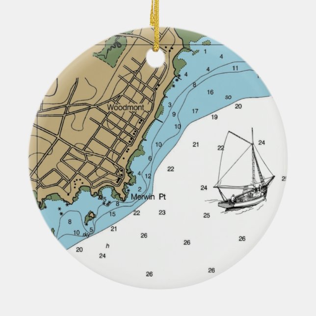 Woodmont CT Nautical Chart Ceramic Tree Decoration (Back)