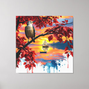 Woodpecker at the lake in Autumn. Chilly air Canvas Print